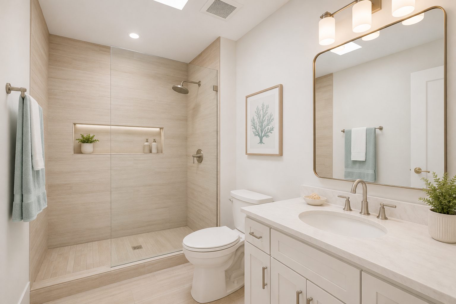Bath with tiled walk-in shower, white Shaker vanity and brushed nickel fixtures