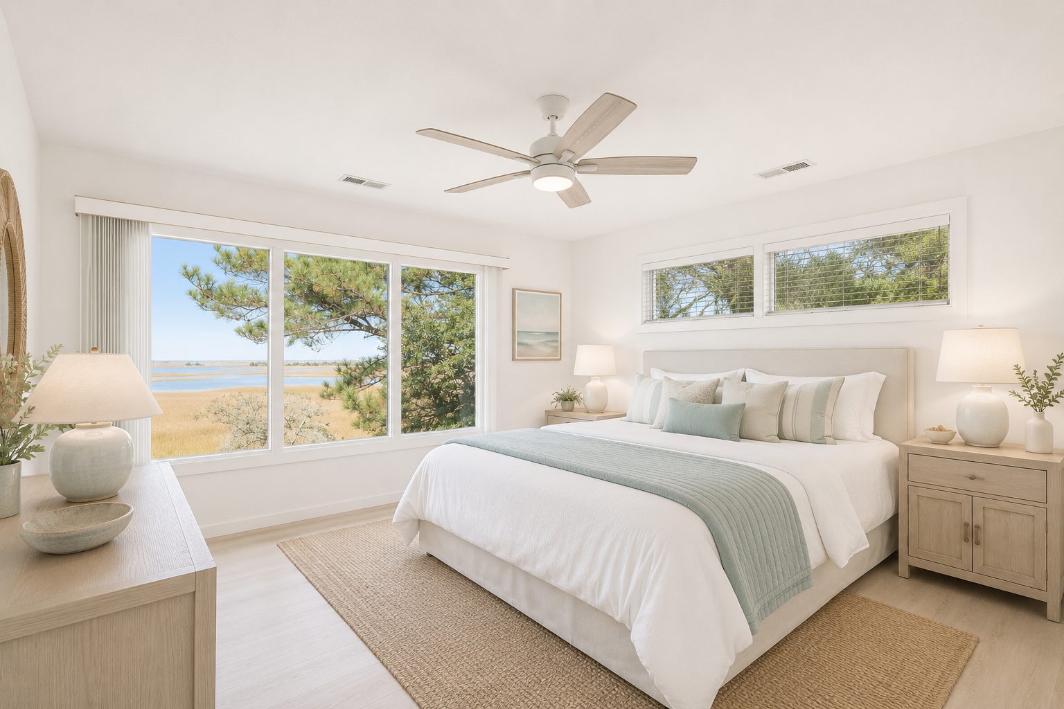 Bedroom with large marsh-view windows, king bed and light wood furniture