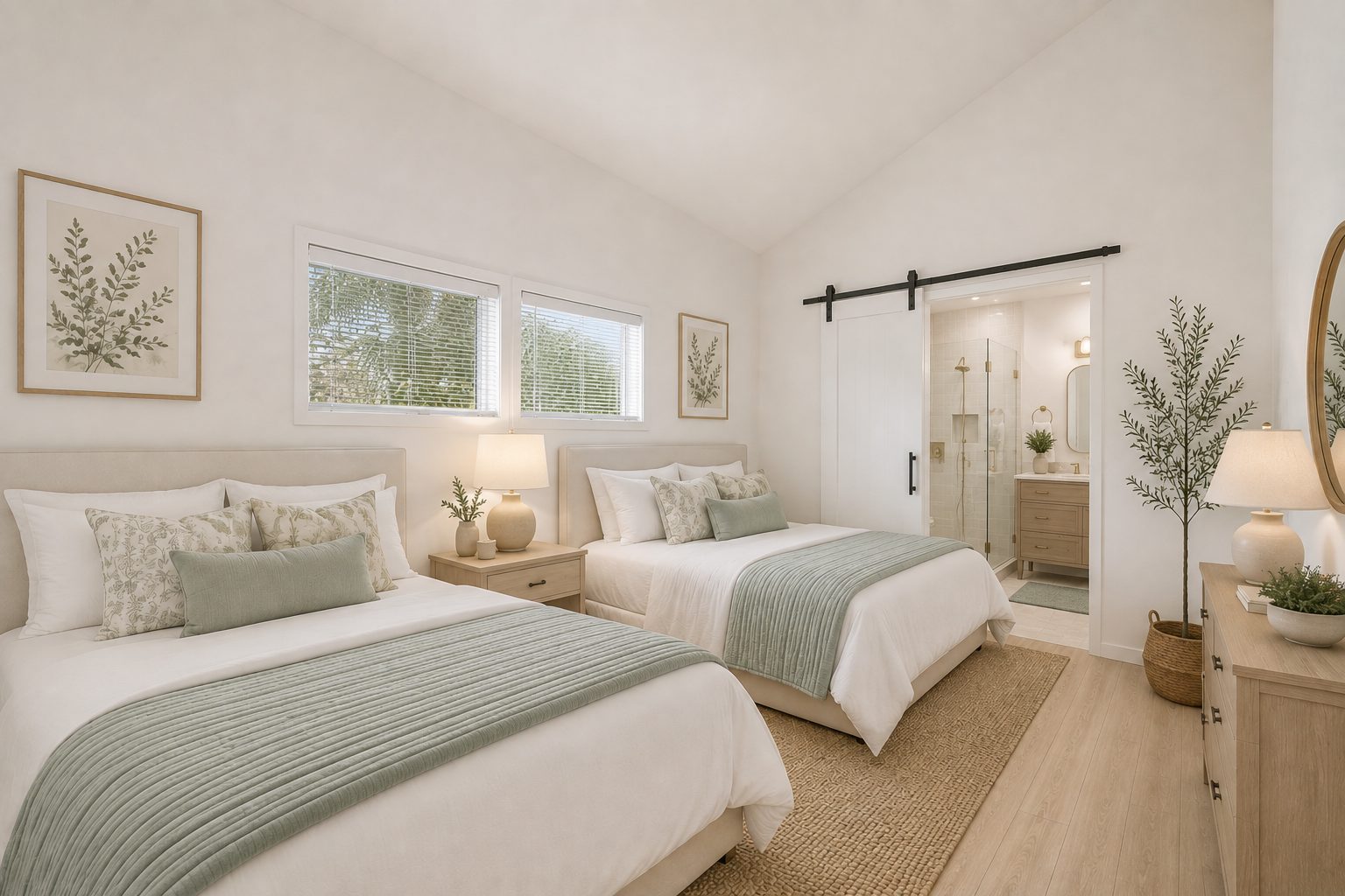 Guest bedroom with two beds and a barn door opening to a bath
