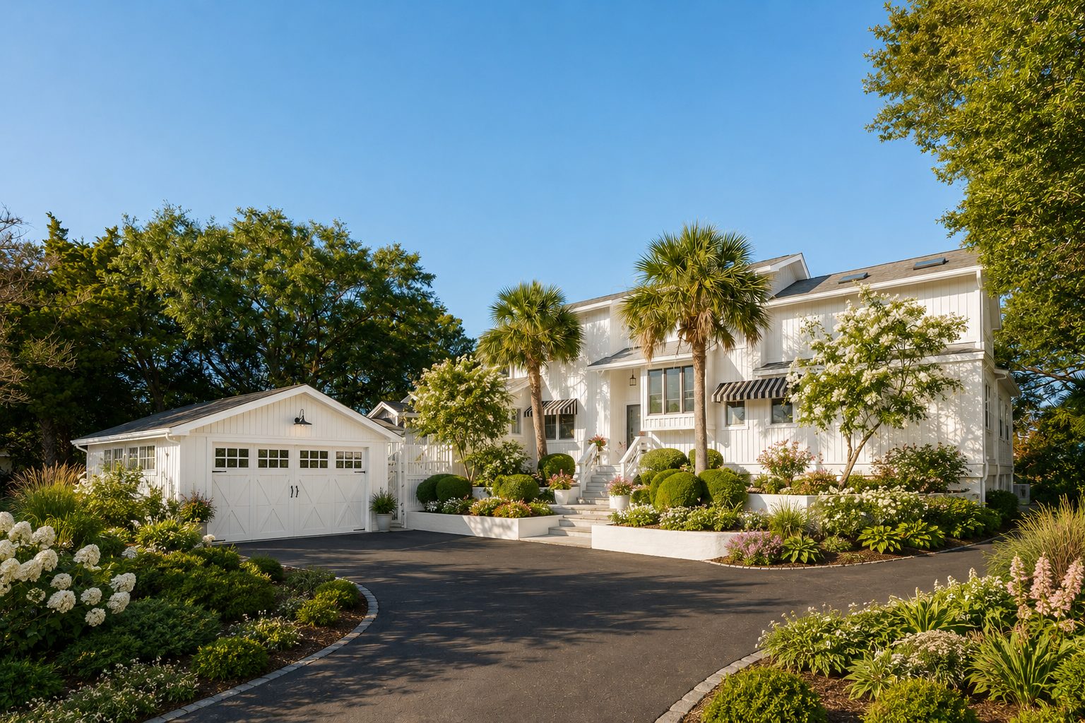 White board-and-batten exterior with carriage-style garage doors, striped awnings and layered gardens