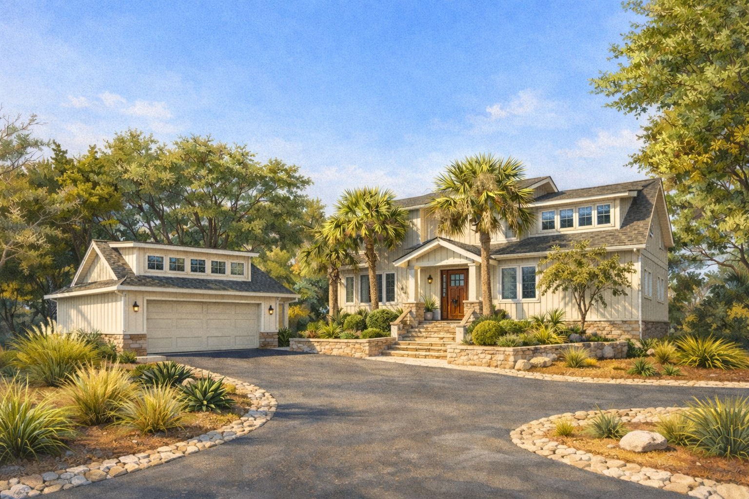 Soft cream exterior with stone base, wood front door and native coastal landscaping