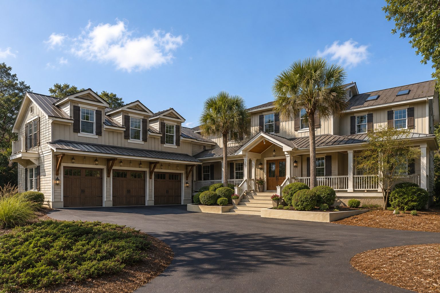 Larger reimagining with dormers, a three-bay garage and a covered front porch
