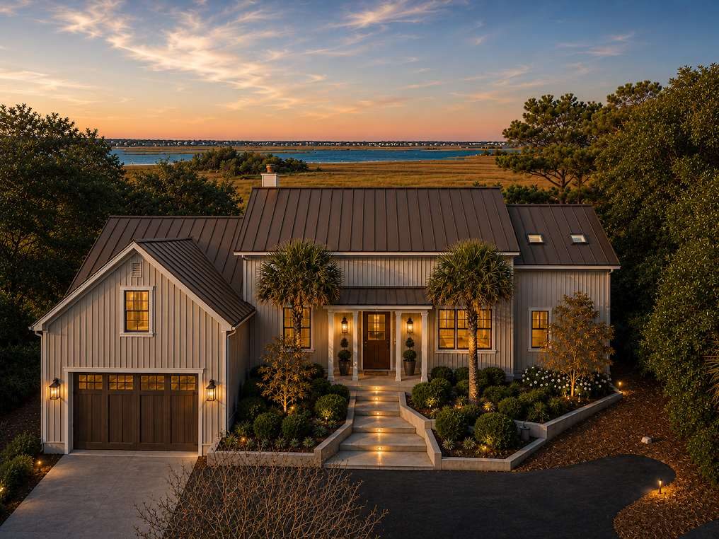 Front exterior at dusk with a reworked garage entrance and metal roof