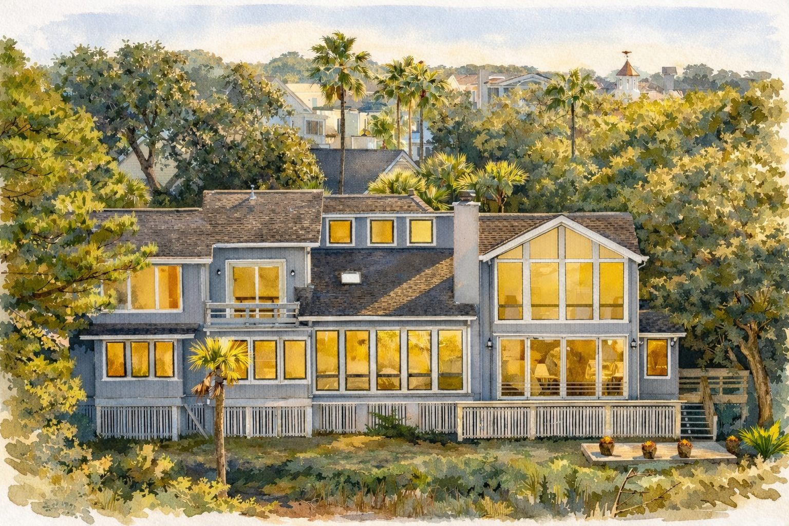 Watercolor-style rendering of the rear of the house with tall windows lit at dusk