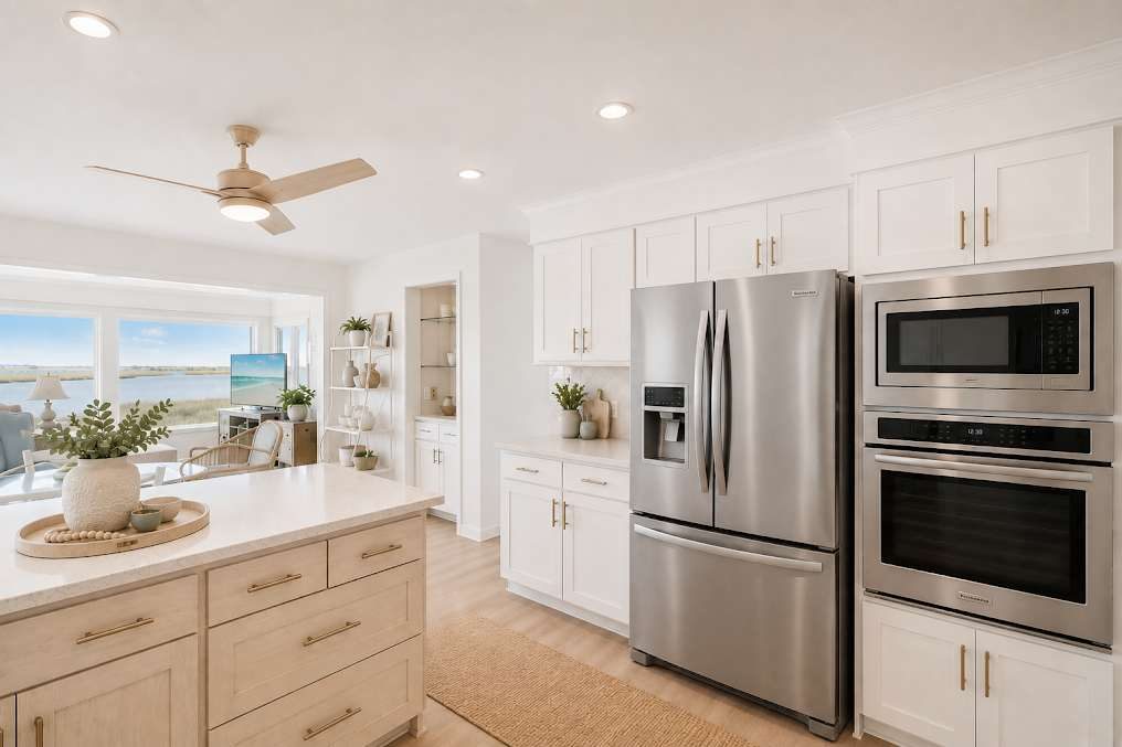 Kitchen keeping the existing layout with white Shaker cabinets and stainless appliances