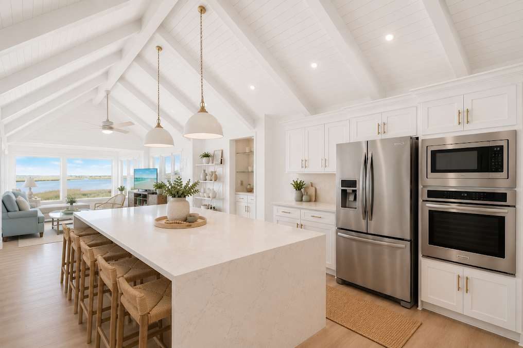 Reconfigured kitchen with large center island, pendant lights and vaulted ceiling