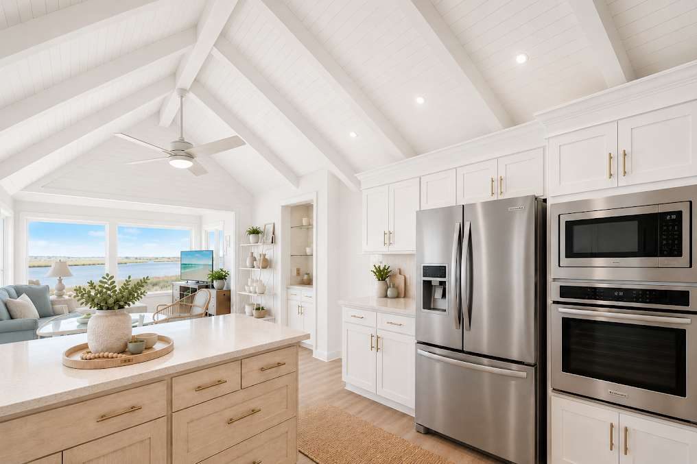 Kitchen with vaulted beamed ceiling and existing layout