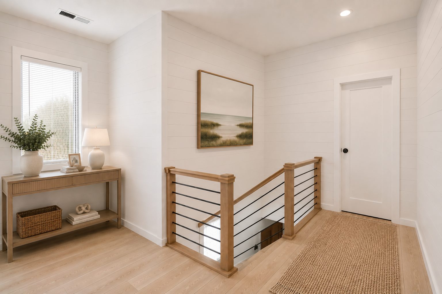 Upstairs landing with shiplap walls and wood and metal stair railing