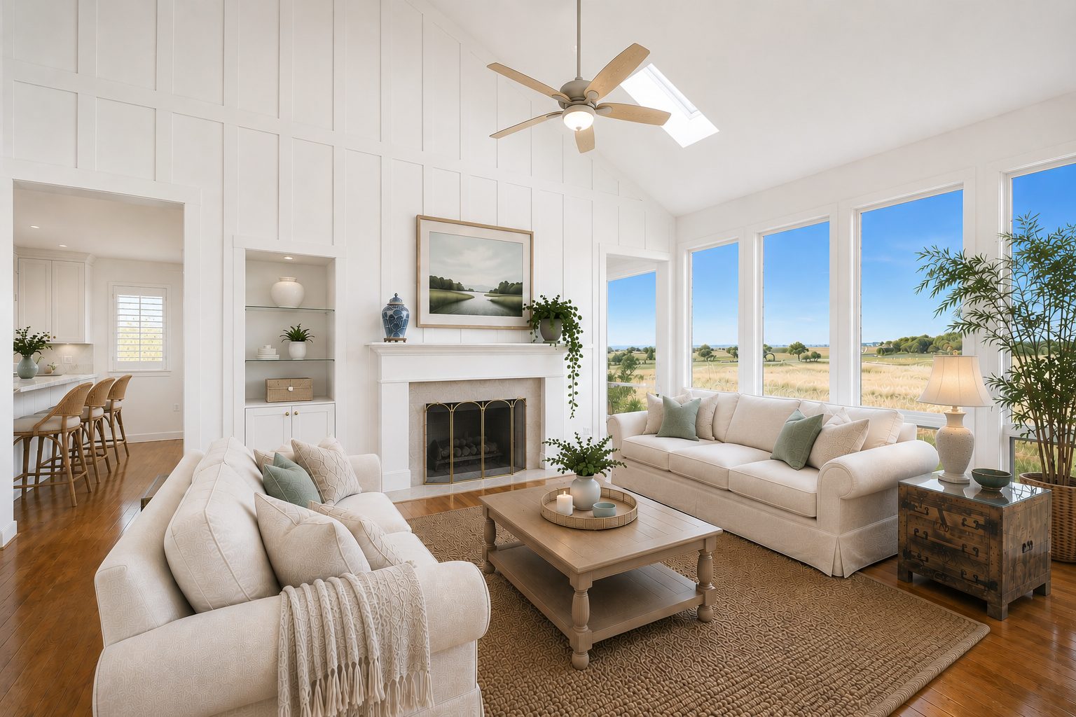 Living room with vaulted white paneled walls, skylight, fireplace with built-ins and tall windows to the marsh