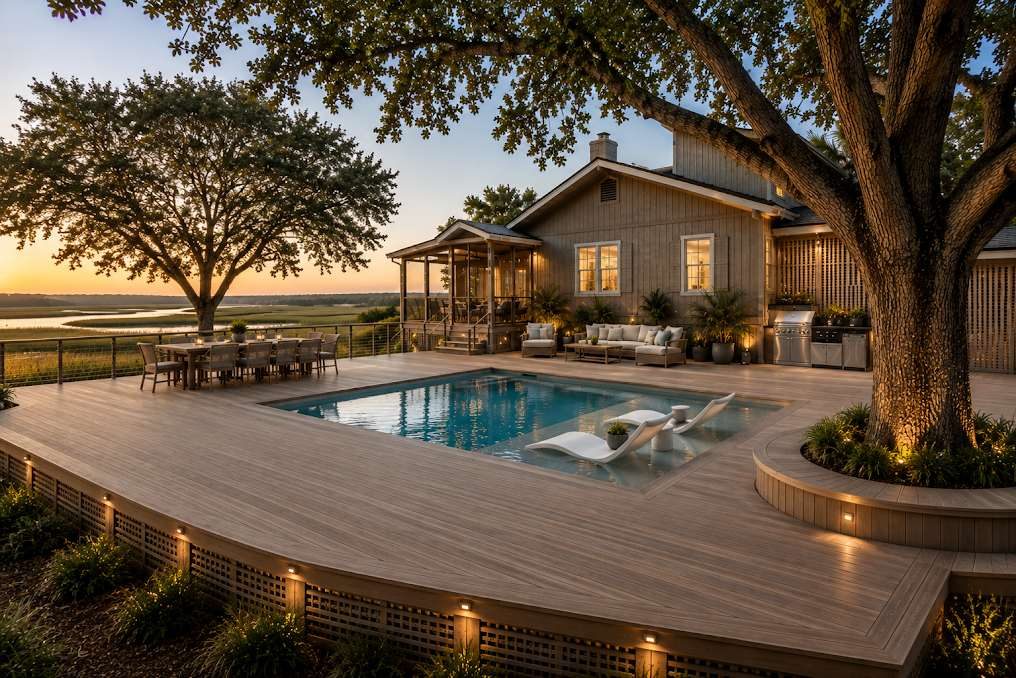 Pool and wide deck at sunset under a live oak, looking over the marsh
