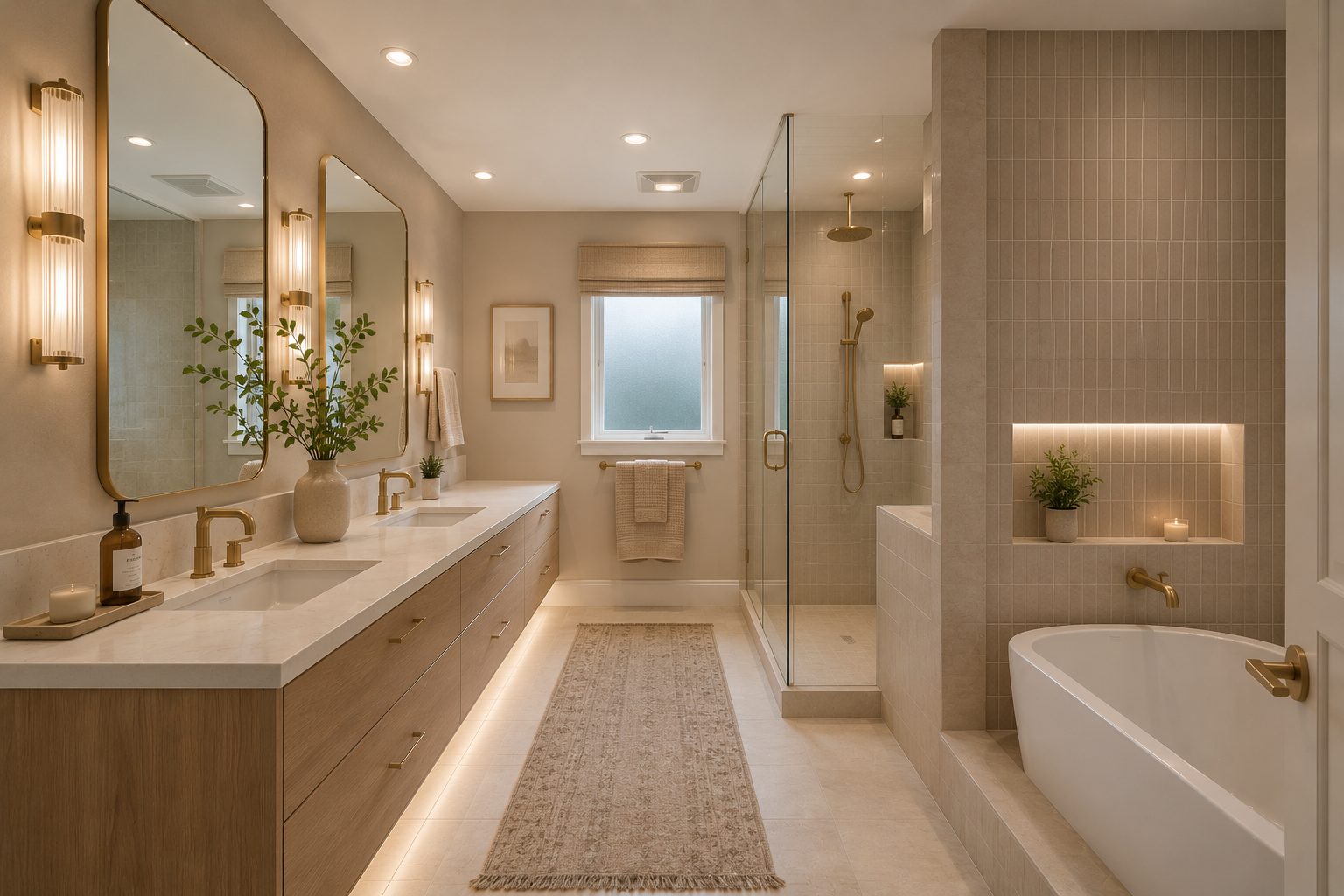 Primary bath with double floating vanity, glass shower and soaking tub