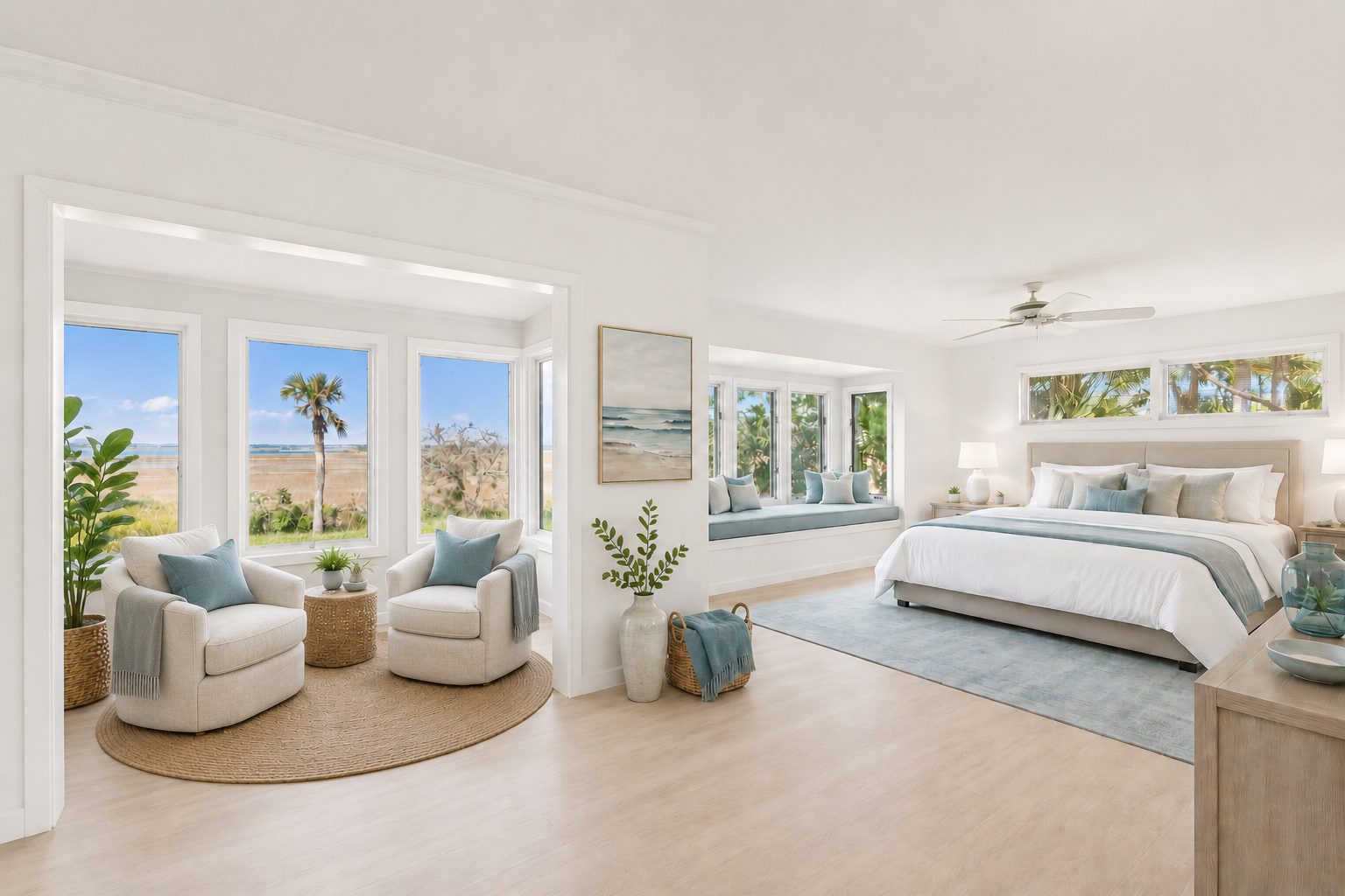 Bright primary bedroom with a sitting area surrounded by windows and a window seat
