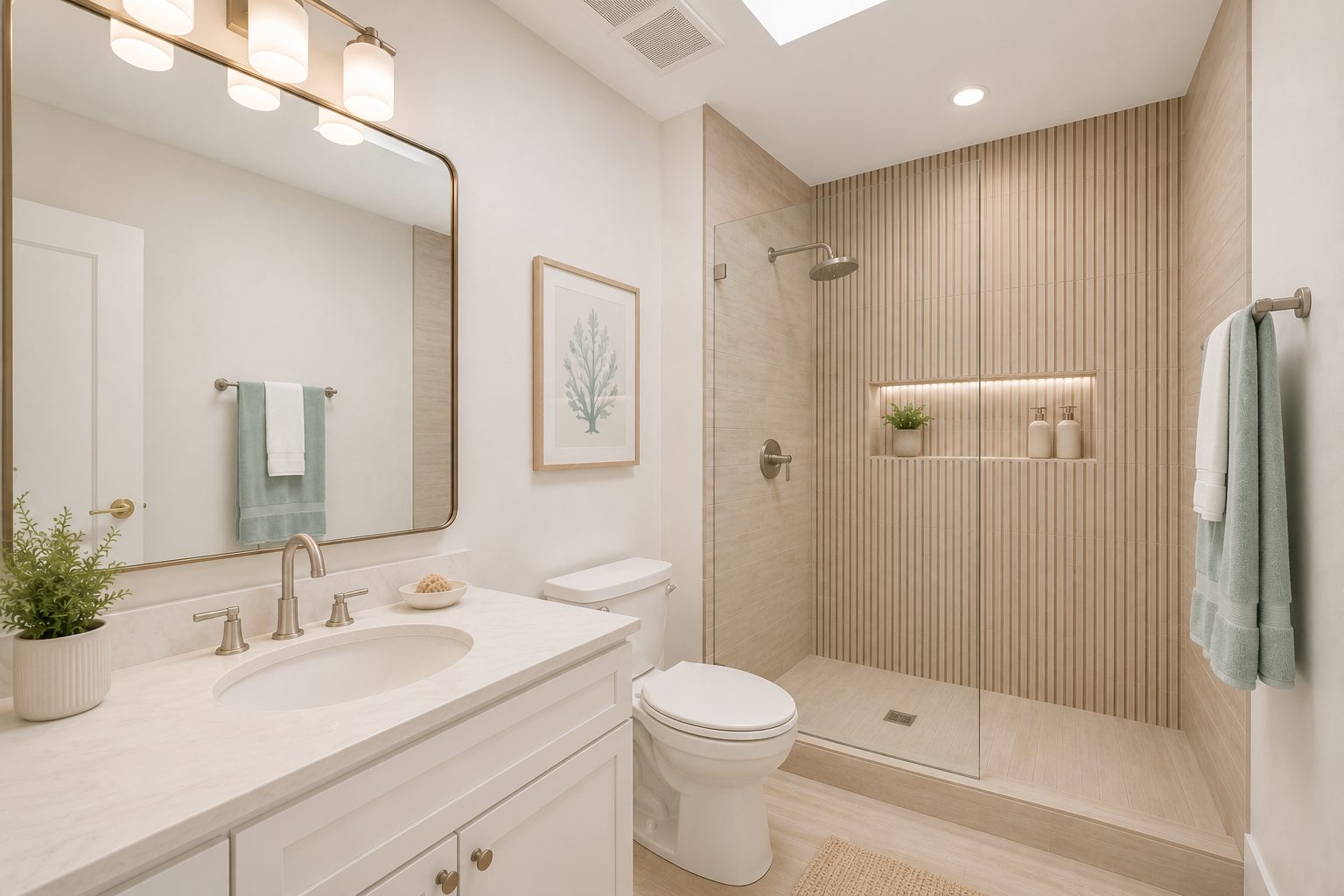 Shared bath with white vanity and walk-in shower with fluted tile