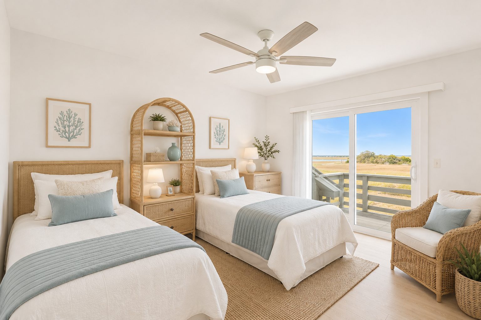Twin guest room with rattan furniture and a sliding door to a marsh-view deck